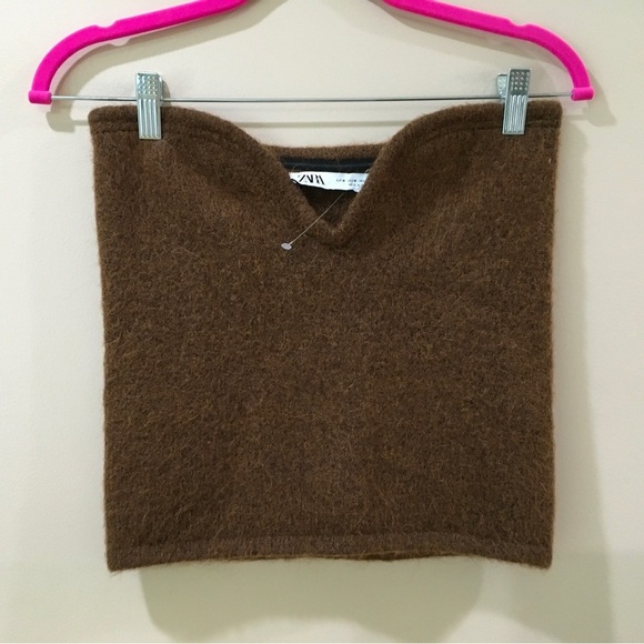 Zara Top Womens Large Brown Knit Strapless Wool Alpaca Blend Sweetheart Neck New - Picture 7 of 9